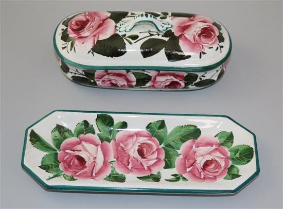 A Wemyss cabbage rose pattern pen box and cover and a similar tray, early 20th century, 20.5cm and 24.5cm, repair to box
